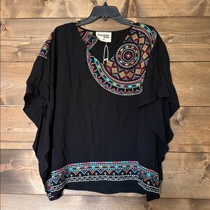 SAVANNA JANE S/M Poncho Top Jeweltone Embroidery Tribal Aztec Lightweight